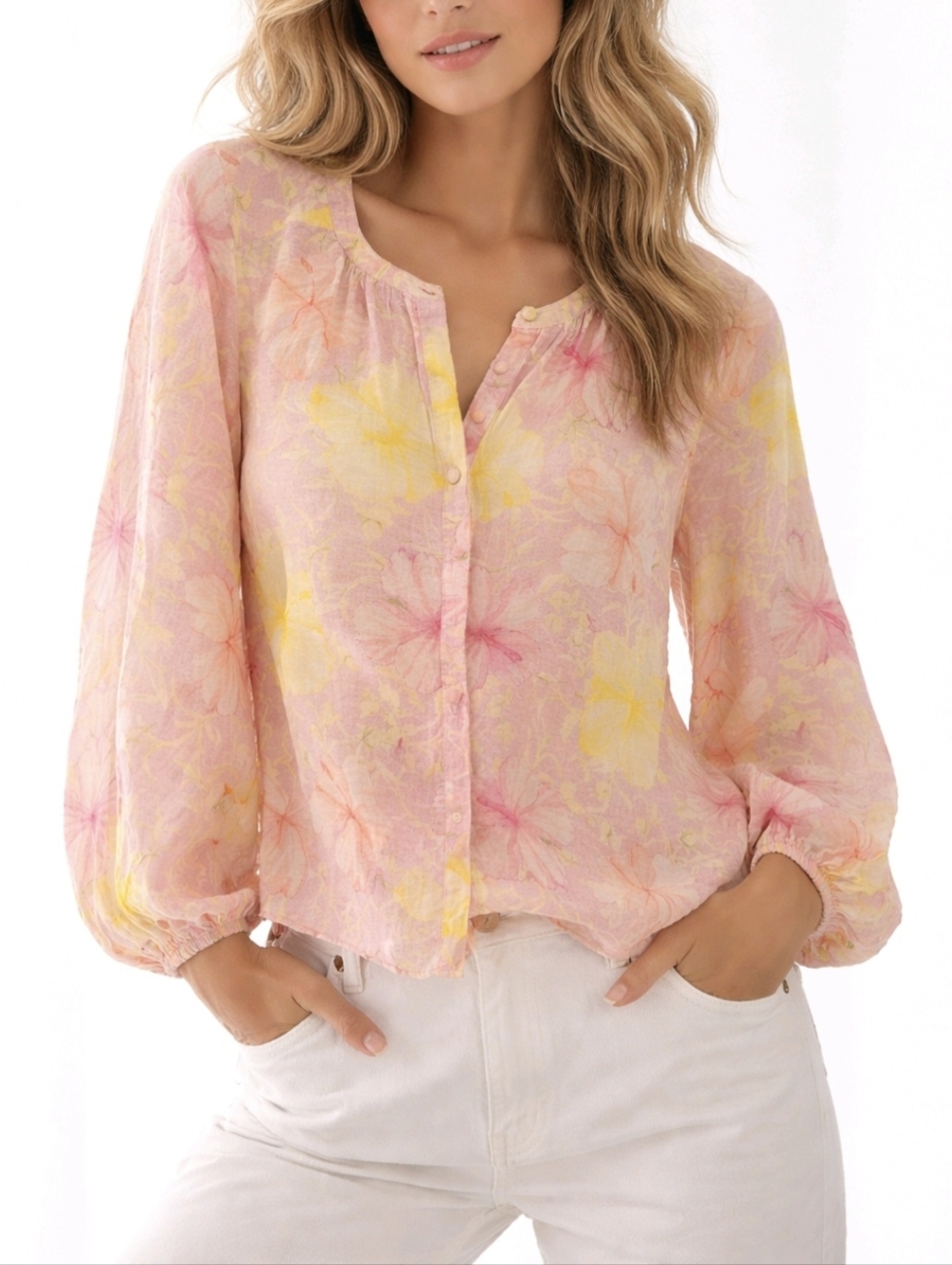 LoveShackFancy Blouse Pink Floral Long Balloon Sleeve Size XS